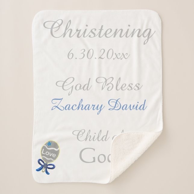 Christening Baby Boy Blue Rattle Medium Sherpadecke (Vorderseite)