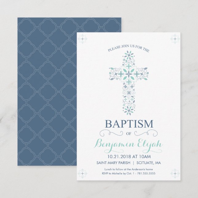 Christening, Baptême Invitation - Baby Boy Invitat (Devant / Derrière)