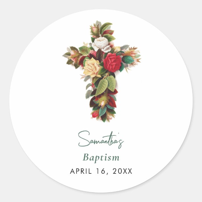 Christening Baptisse Floral Cross Boy Girl Runder Aufkleber (Vorderseite)