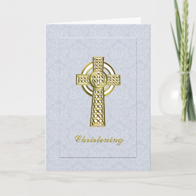 Christening Blue Damask mit Gold Cross Einladung (Vorderseite)