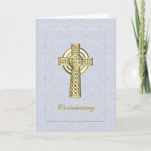 Christening Blue Damask mit Gold Cross Einladung