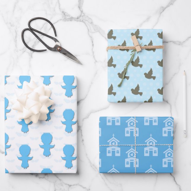 Christening Blue Dove Angel Church Geschenkpapier Set (Vorderseite)