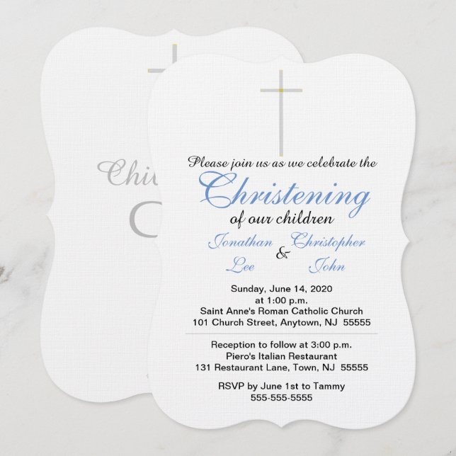 Christening Blue Twins Einladungen (Vorne/Hinten)