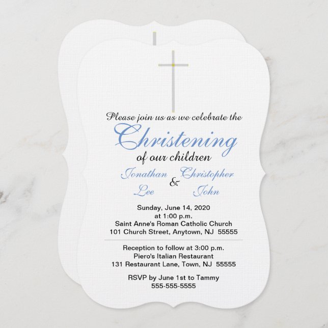 Christening Blue Twins Invitations (Devant / Derrière)