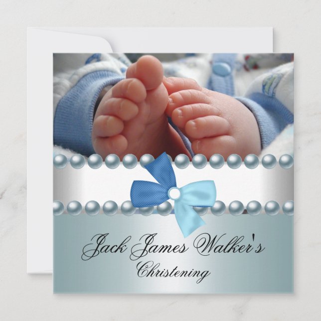 Christening Boy White Blue Pearl Bow Foto Einladung (Vorderseite)