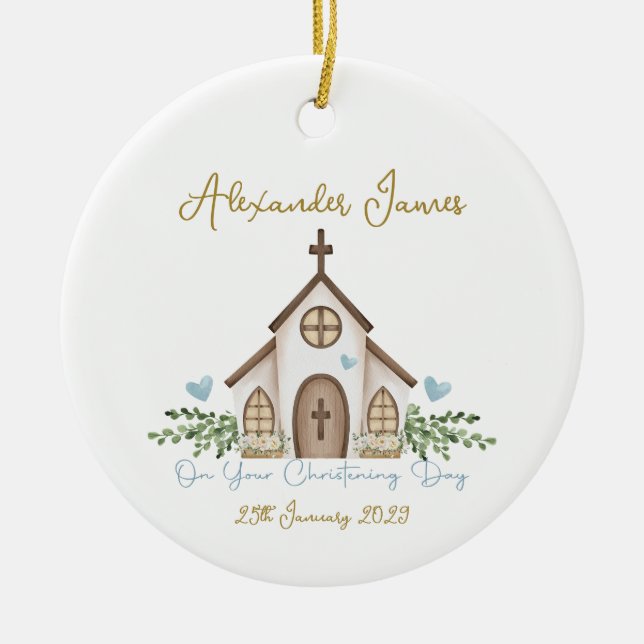 Christening Church Eucalyptus Leaves Photo Keramik Ornament (Vorne)
