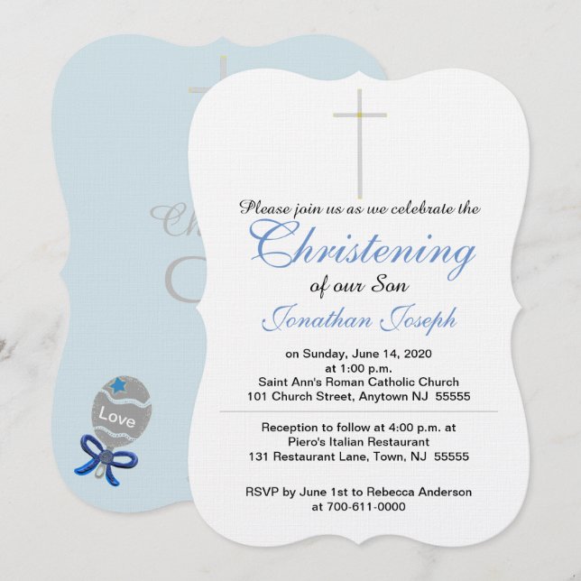Christening Cross Blue Gray Baby Boy Rattle Einladung (Vorne/Hinten)