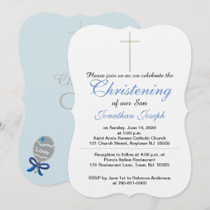 Christening Cross Blue Gray Baby Boy Rattle Einladung