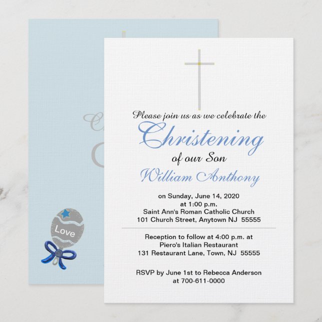 Christening Cross Blue Gray Einladung (Vorne/Hinten)