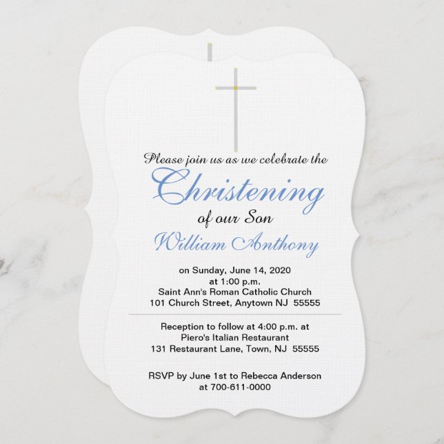 Christening Cross Blue Invitations (Devant / Derrière)
