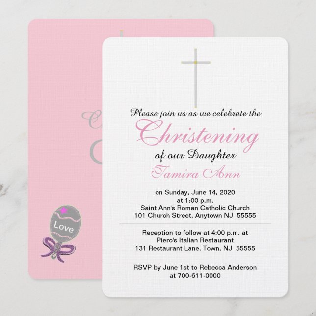 Christening Cross Daughter Pink Baby Rattle Einladung (Vorne/Hinten)