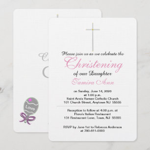 Christening Cross Pink Baby Rattle Invitations