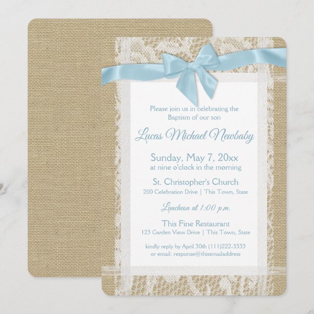 Christening Einladung Burlap und Spitzen-Taufe (Vorne/Hinten)