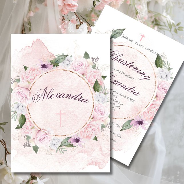 Christening Floral Pink Roses Wreath Einladung (Von Creator hochgeladen)