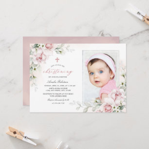 Christening Girls Foto Pink Wasserfarbe Einladung