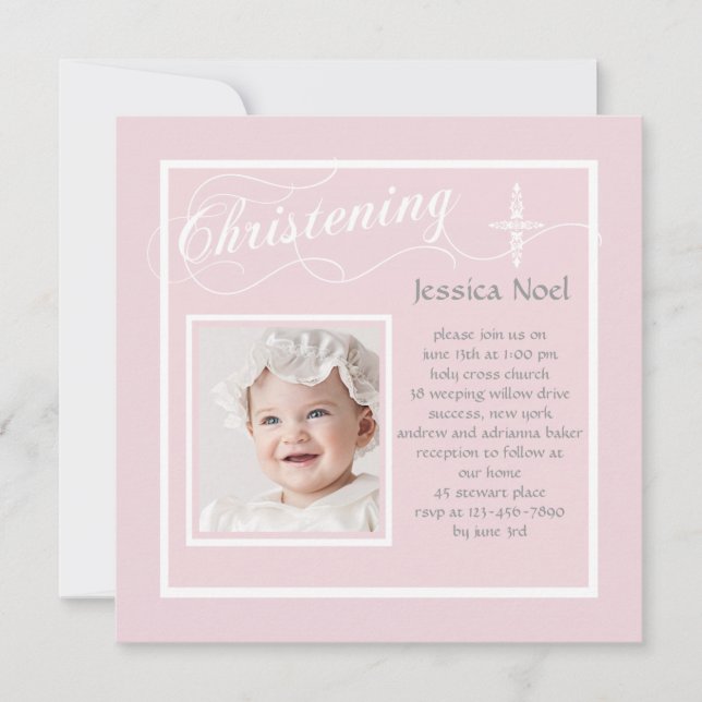 Christening Kalligrafie Pink Foto Einladung (Vorderseite)