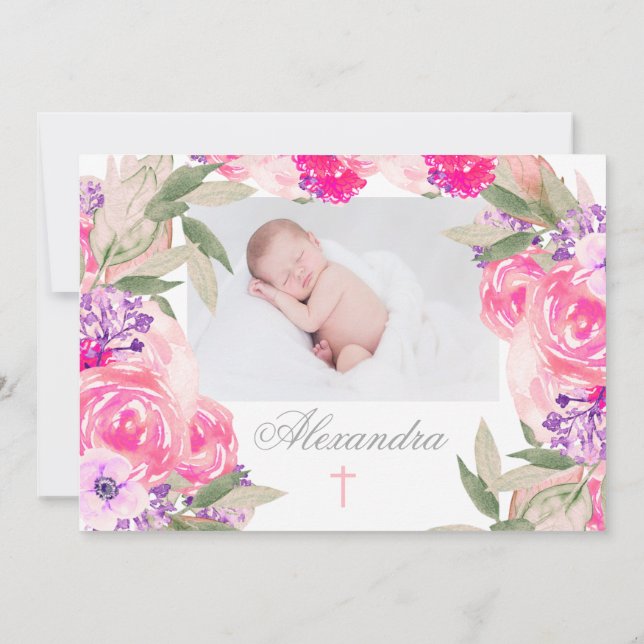 Christening Photo Floral Roses Invitation (Dos)