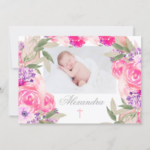 Christening Photo Floral Roses Invitation
