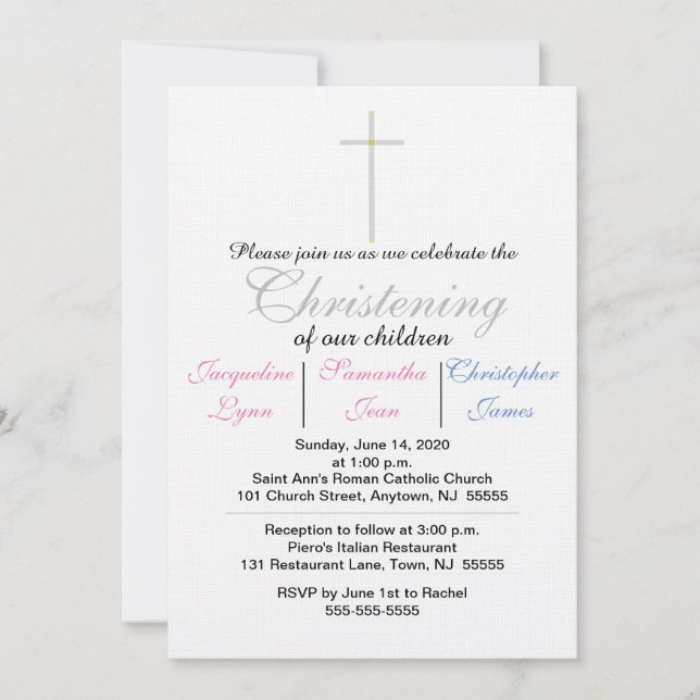 Christening Rose Blue Triplets Invitation (Devant)