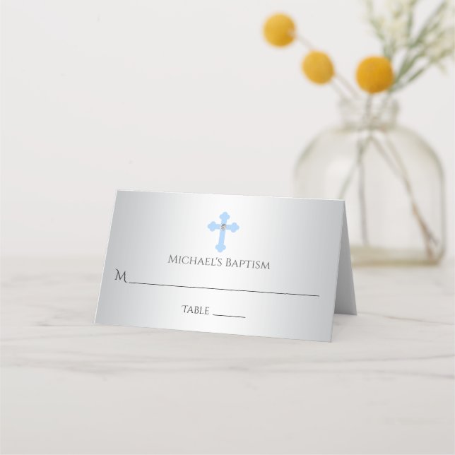Christening Silver Blue Cross | Junge Platzkarte (Vorderseite)