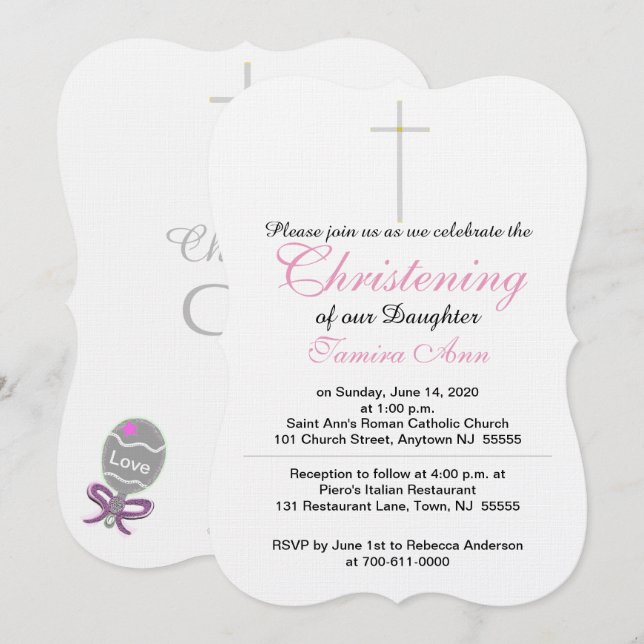 Christening Silver Cross Tochter Pink Rattle Einladung (Vorne/Hinten)