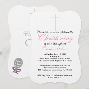 Christening Silver Cross Tochter Pink Rattle Einladung