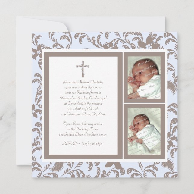 Christening Soft Blue und Brown Paisley Foto Einladung (Vorderseite)