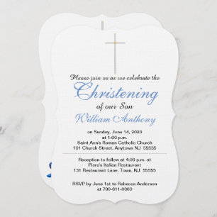 Christening Son Cross Blue Rattle Invitations