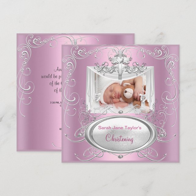 Christening Taufe Baby Girl Silver Pink Cross Einladung (Vorne/Hinten)