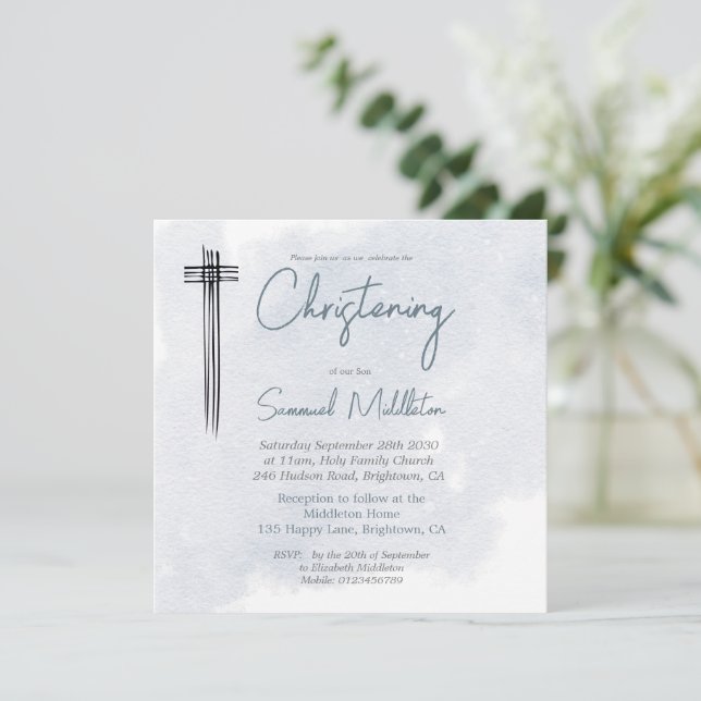 Christening Taufe Blue Wash Modern Cross Einladung (Stehend Vorderseite)