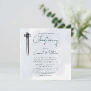 Christening Taufe Blue Wash Modern Cross Einladung