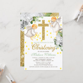 Christening Watercolor Angels Gold Glitzer Einladung