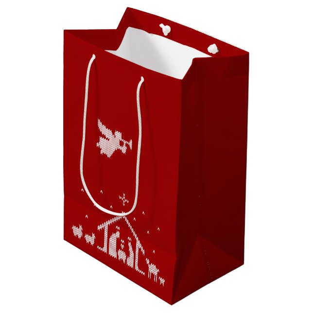 Christia Nativity Ugly Christmas Sweater Red White Mittlere Geschenktüte (Vorderseite Schrägansicht)