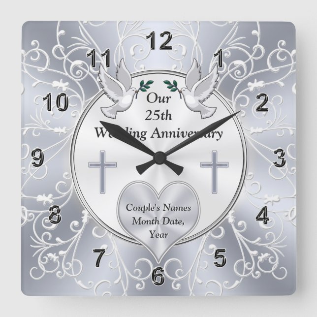 Christian, 25 year Wedding Anniversary Gift,  Quadratische Wanduhr (Vorderseite)