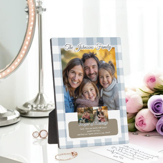 Christian Blue Buffalo Plaid Family Photo Collage Fotoplatte