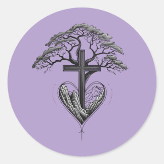 Christian Cross Tree Mountain Heart Sticker