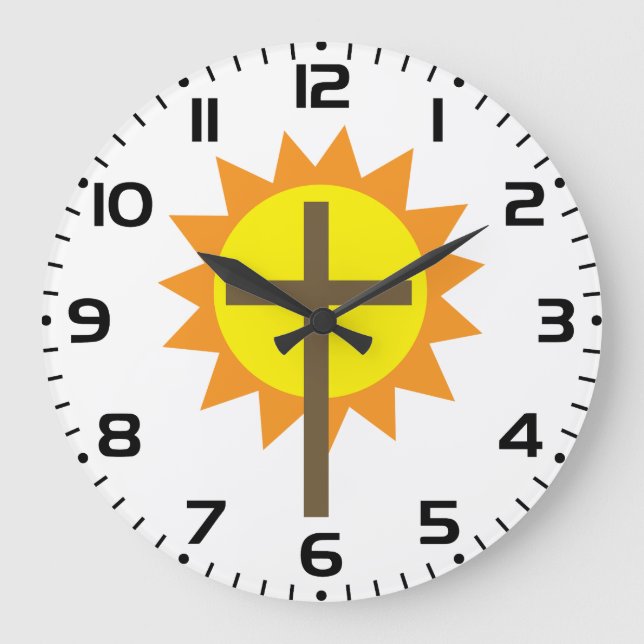 Christian Cross with Yellow Sun and Orange Rays Große Wanduhr (Vorderseite)