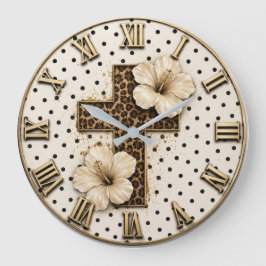 Christian Floral Cross Elegant Leopard Print Faith Große Wanduhr