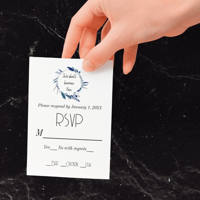 Christian Floral Two Devient Un Mariage RSVP (Floral Wreath Blue Two Become One Wedding RSVP Card)