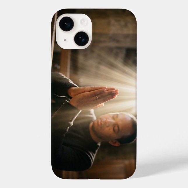 Christian Man Praying with Holy Light iPhone Case (Rückseite)