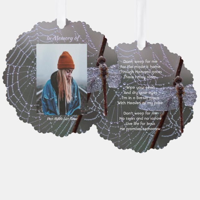 Christian Memorial Keepsake Dragonfly Dewdrops Ornament Karte (Vorderseite/Rückseite)