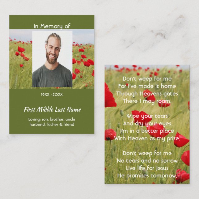Christian Memorial Keepsake Field of Red Poppy Telefonnummerkarte (Vorne/Hinten)