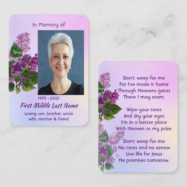 Christian Memorial Keepsake Lilac Garden Flower  Visitenkarte (Vorne/Hinten)