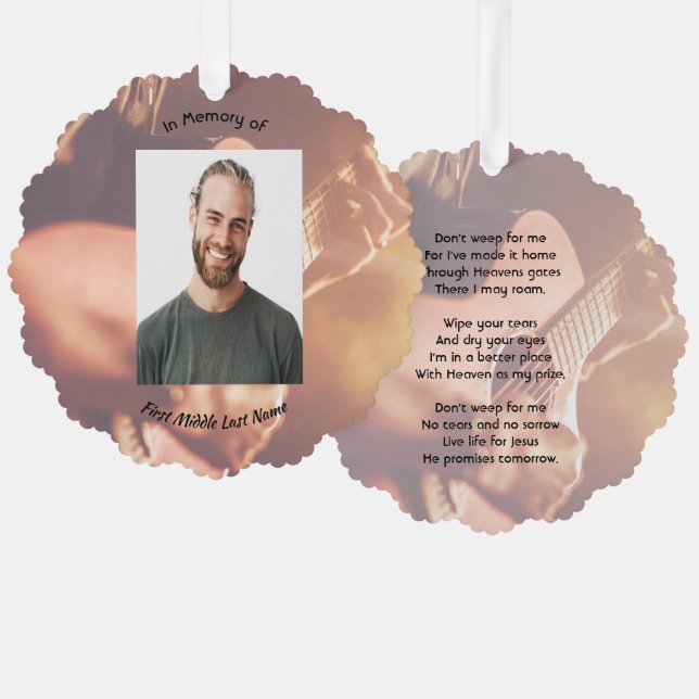 Christian Memorial Keepsake Musician Piano Guitar Ornament Karte (Vorderseite/Rückseite)