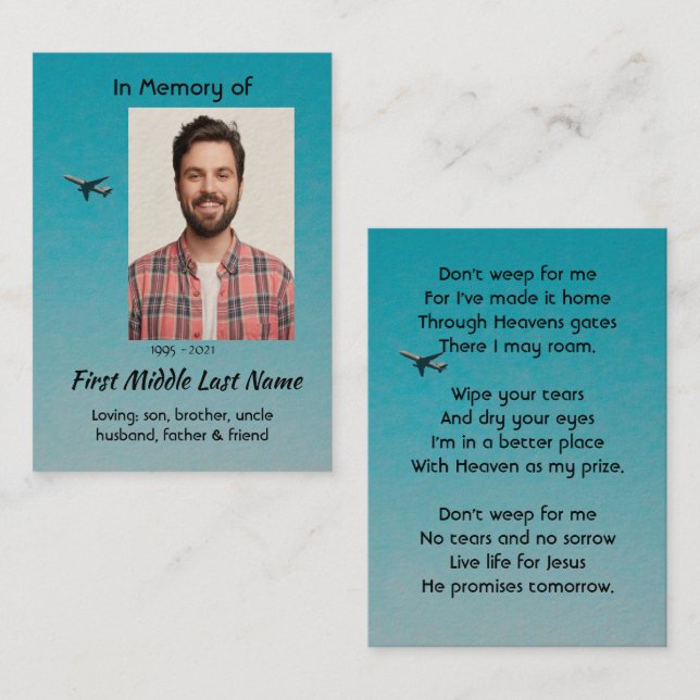 Christian Memorial Keepsake Pilot Airplane Flying Visitenkarte (Vorne/Hinten)
