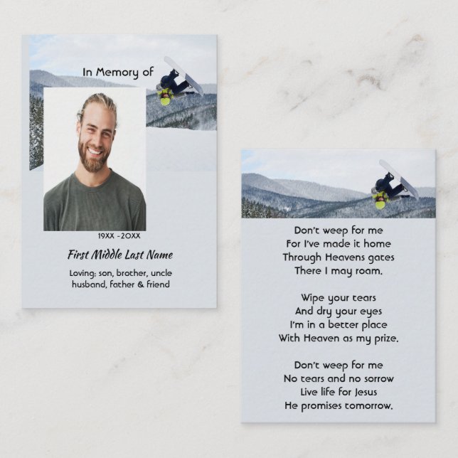 Christian Memorial Keepsake Snowboarding Winter Telefonnummerkarte (Vorne/Hinten)