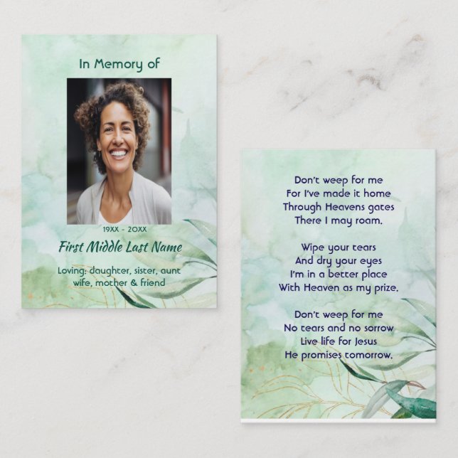 Christian Memorial Keepsake  Watercolor Foliage  Visitenkarte (Vorne/Hinten)