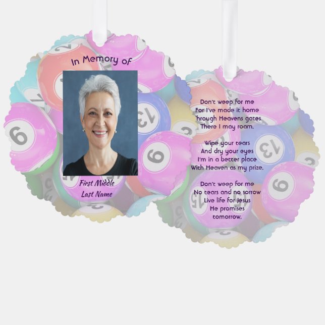 Christian Memorial Photo Keepsake Bingo Game Ornament Karte (Vorderseite/Rückseite)