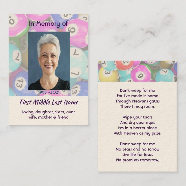 Christian Memorial Photo Keepsake Bingo Game  Visitenkarte (Vorne/Hinten)