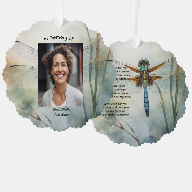 Christian Memorial Photo Keepsake Custom Dragonfly Ornament Karte (Vorderseite/Rückseite)